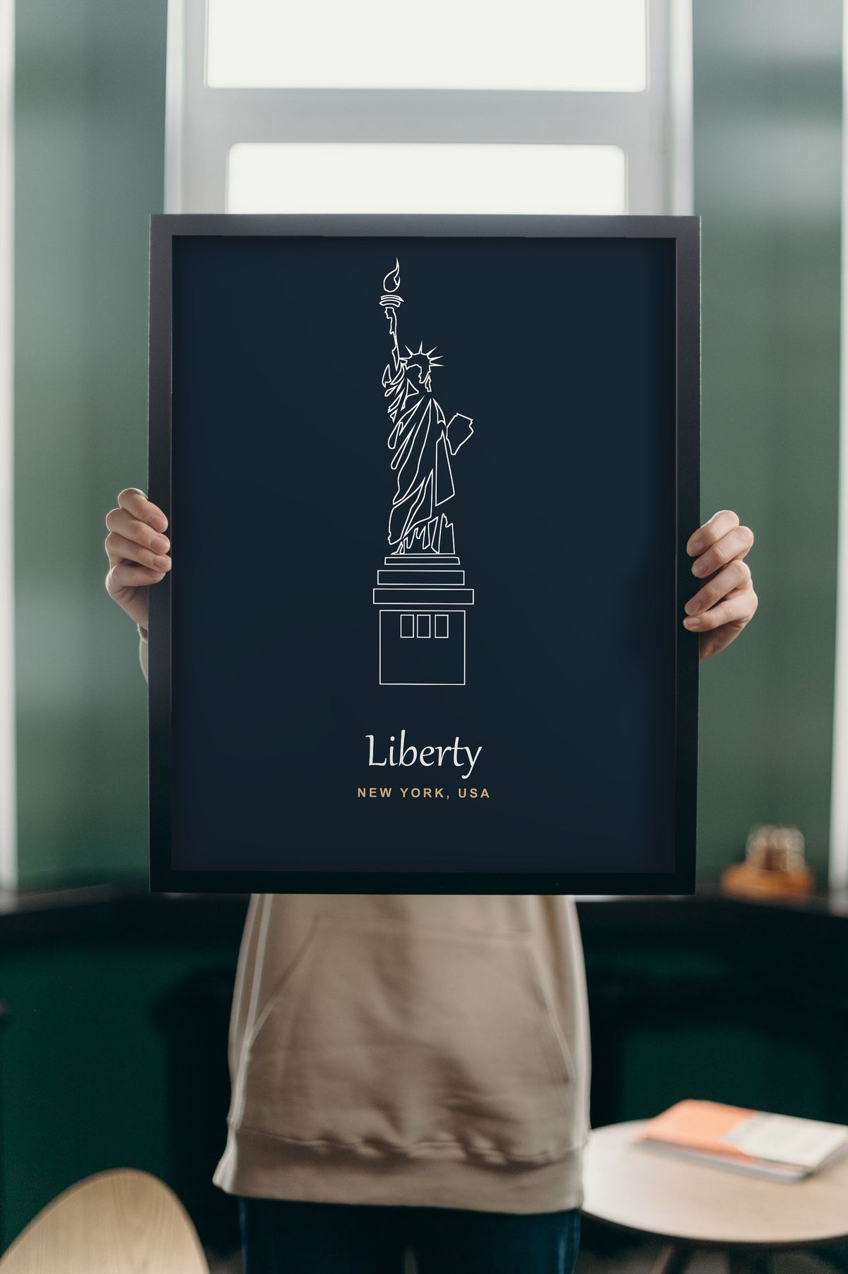 Lifestyle - Personalised Statue of Liberty Line Art Print held up in a bright room
