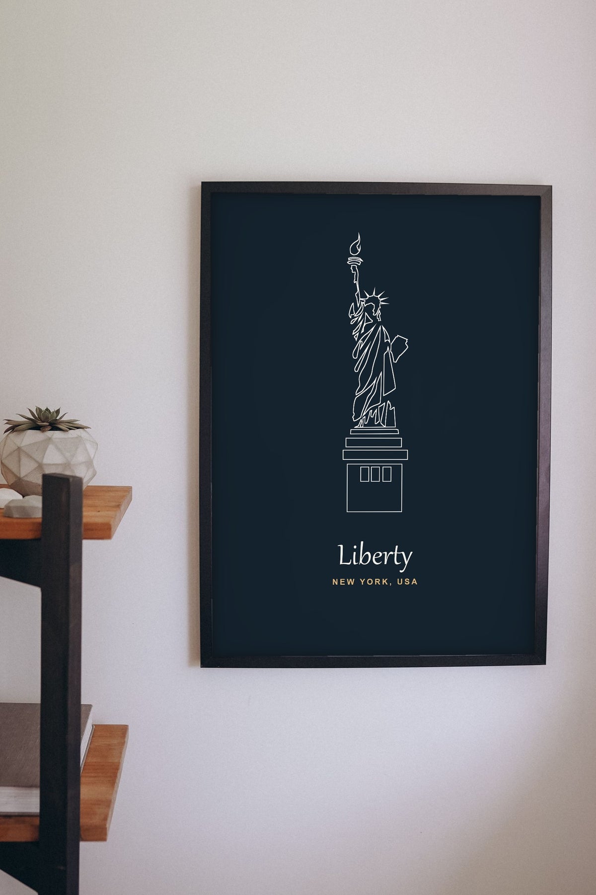 Lifestyle - Personalised Statue of Liberty Line Art Print hanging on a living room wall