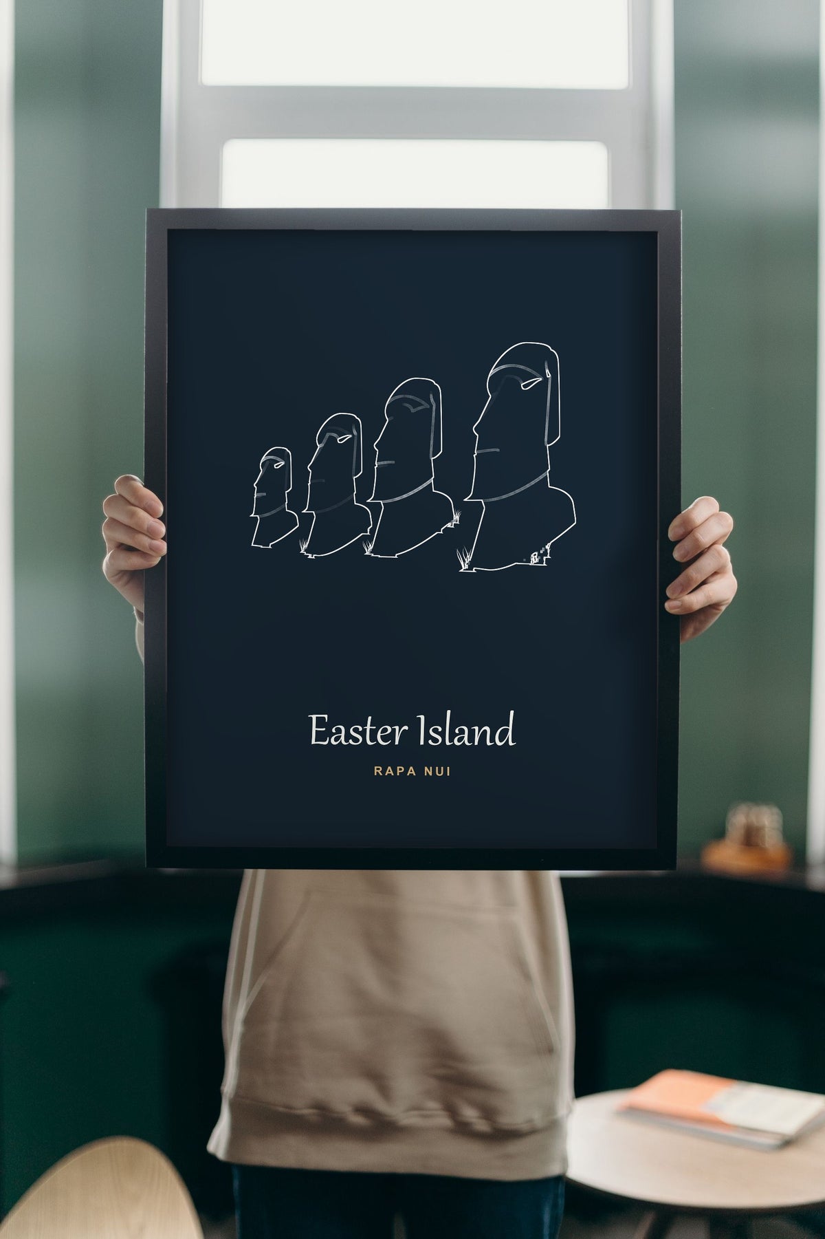 Lifestyle - Personalised Easter Island Line Art Print held up in a bright room