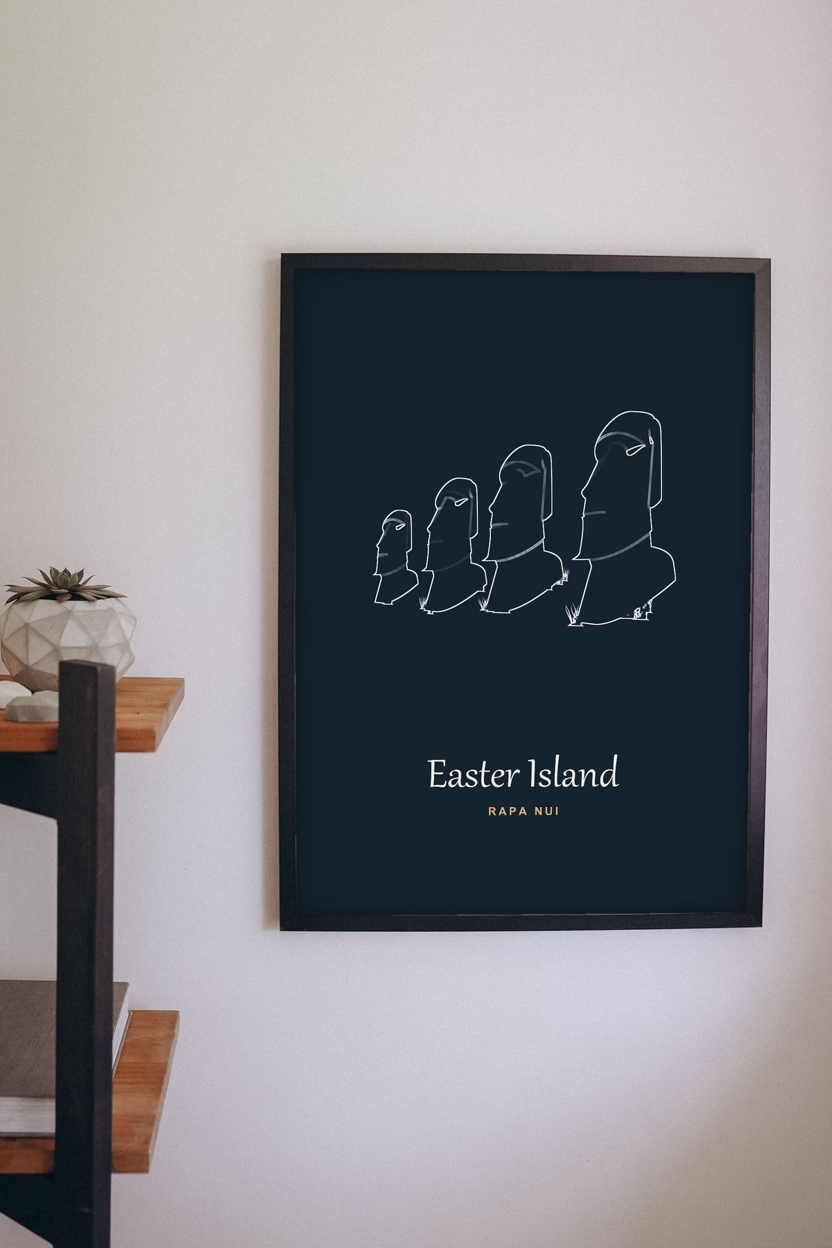 Lifestyle - Personalised Easter Island Line Art Print hanging on a living room wall