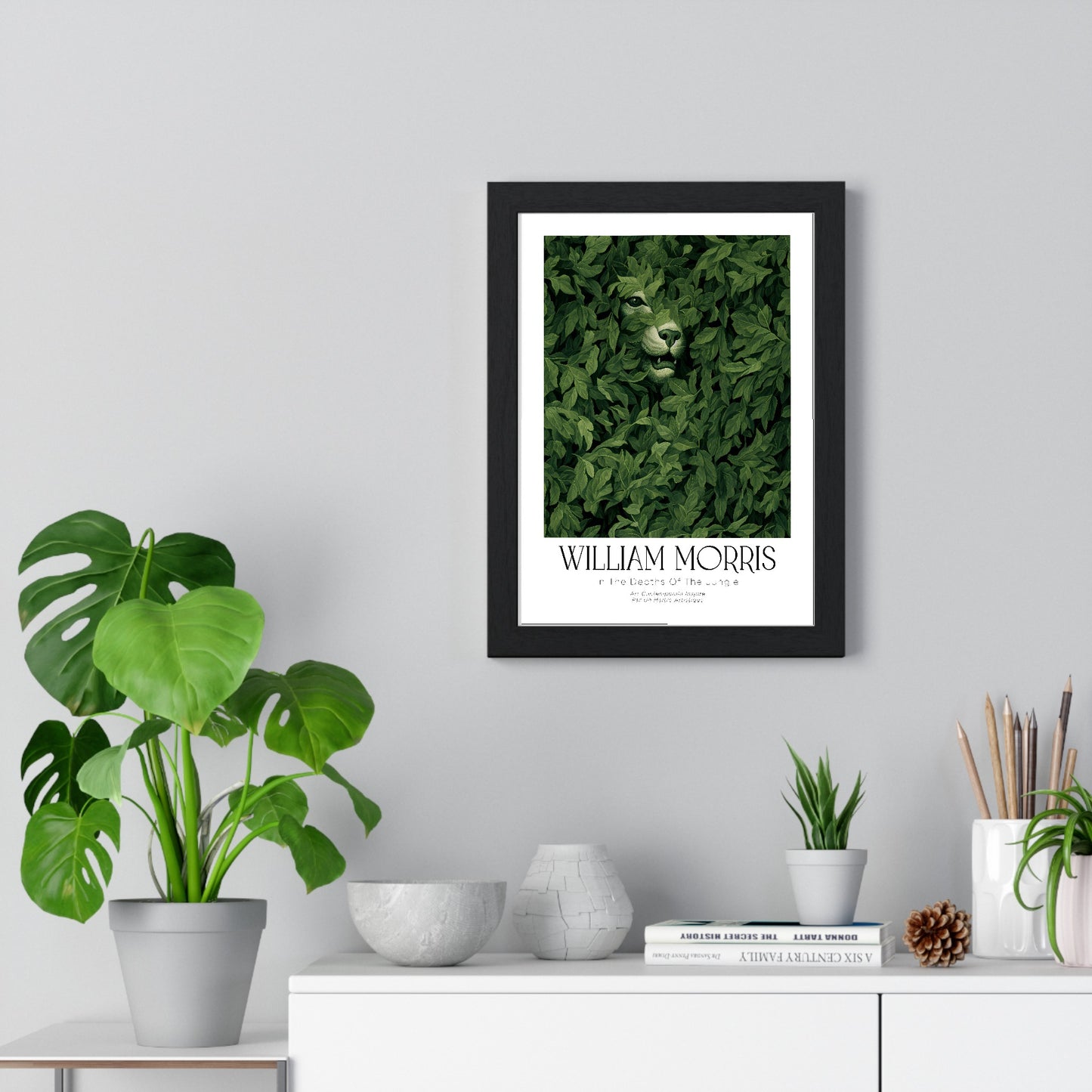 11x14-04 framed poster displayed on living room wall above furniture