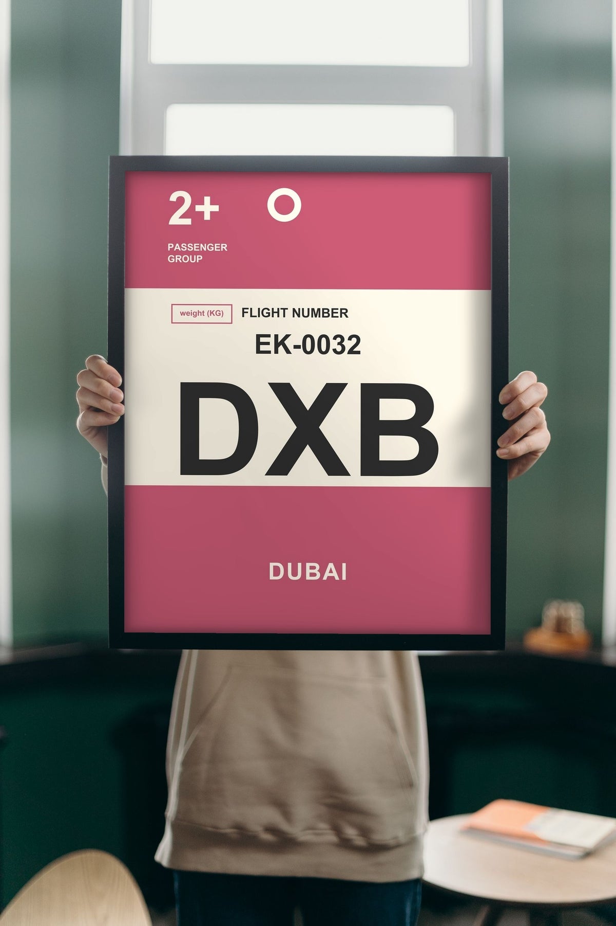 Lifestyle - Personalised Boarding Pass Print held up in a bright room