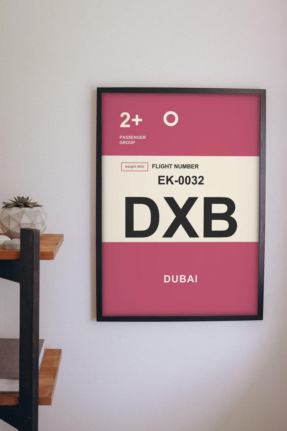 Lifestyle - Personalised Boarding Pass Print hanging on a living room wall