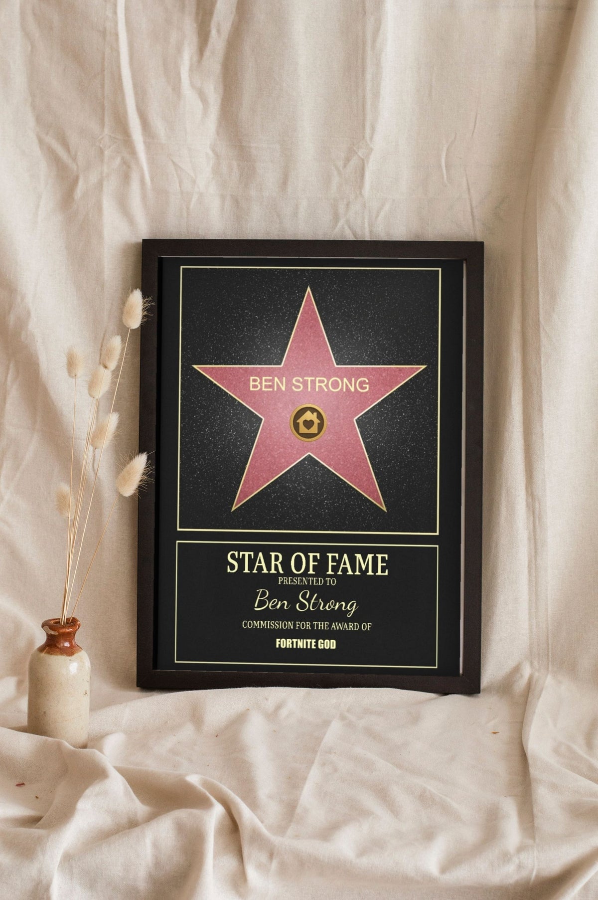 Lifestyle - Personalised Walk of Fame Star Print leaning in a frame with dried flowers