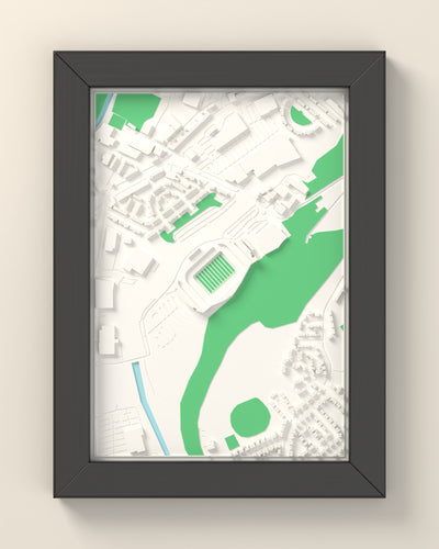 3D Accu Stadium Map Framed - 3D printed Accu Stadium map in a black wooden A5 frame, lit from the side