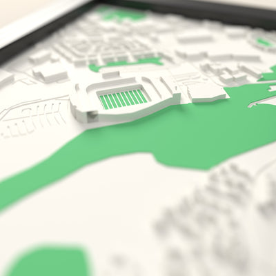 3D Accu Stadium Map Framed - Close-up across the 3D map showing the Accu Stadium stands and green pitch standing up from the streets