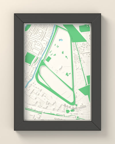 3D Aintree Racecourse Map Framed - 3D printed Aintree Racecourse map in a black wooden A5 frame, lit from the side