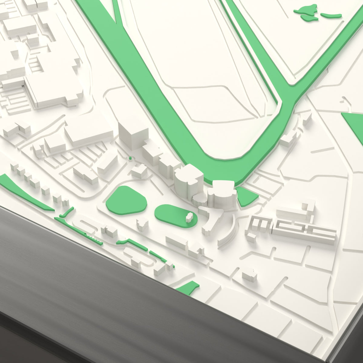 3D Aintree Racecourse Map Framed - Aintree Racecourse on the 3D printed map, seen from above the corner of the course