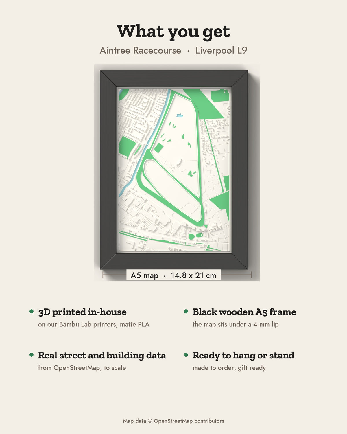 3D Aintree Racecourse Map Framed - What you get: A5 3D map, 14.8 x 21 cm, in a black wooden frame