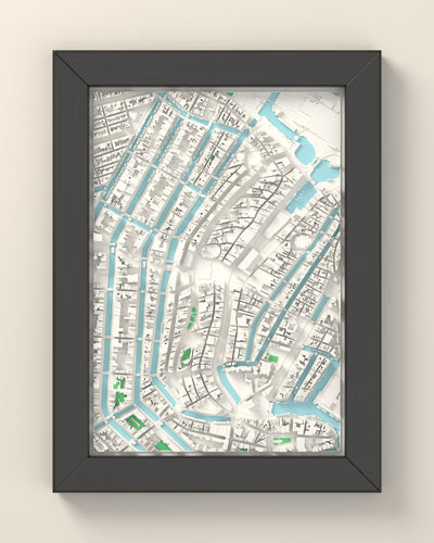3D Amsterdam Map Framed - 3D printed Amsterdam map in a black wooden A5 frame, lit from the side