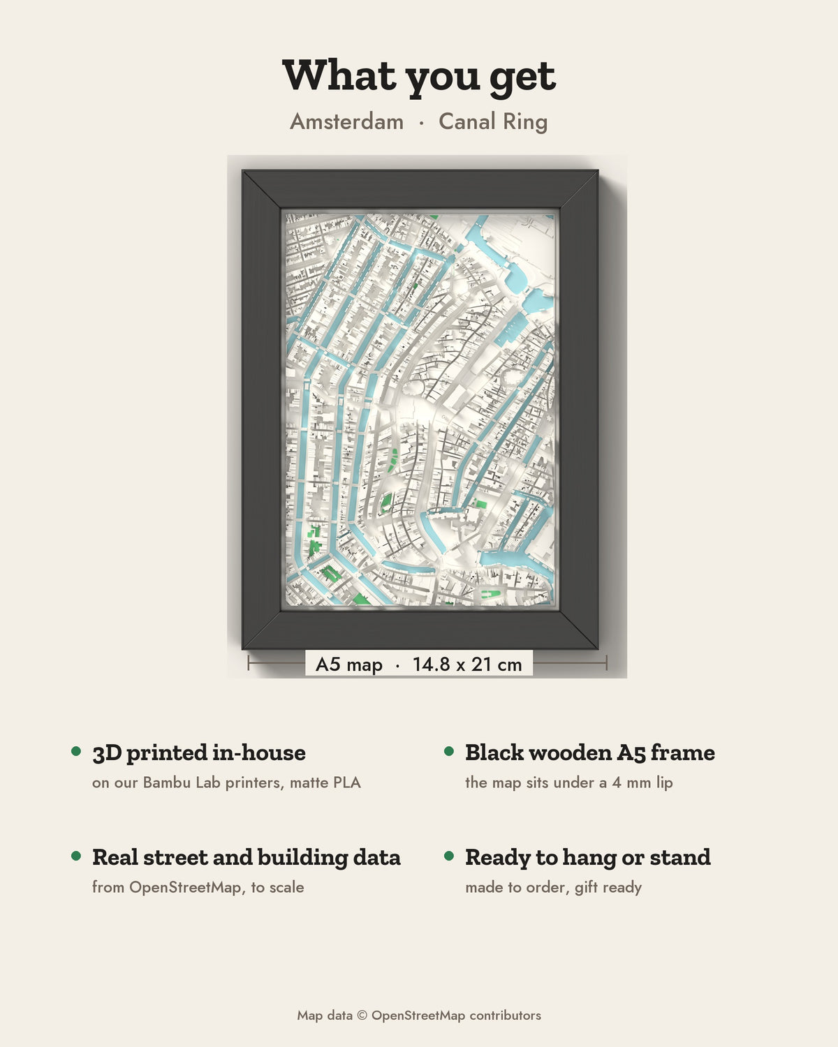 3D Amsterdam Map Framed - What you get: A5 3D city map, 14.8 x 21 cm, in a black wooden frame