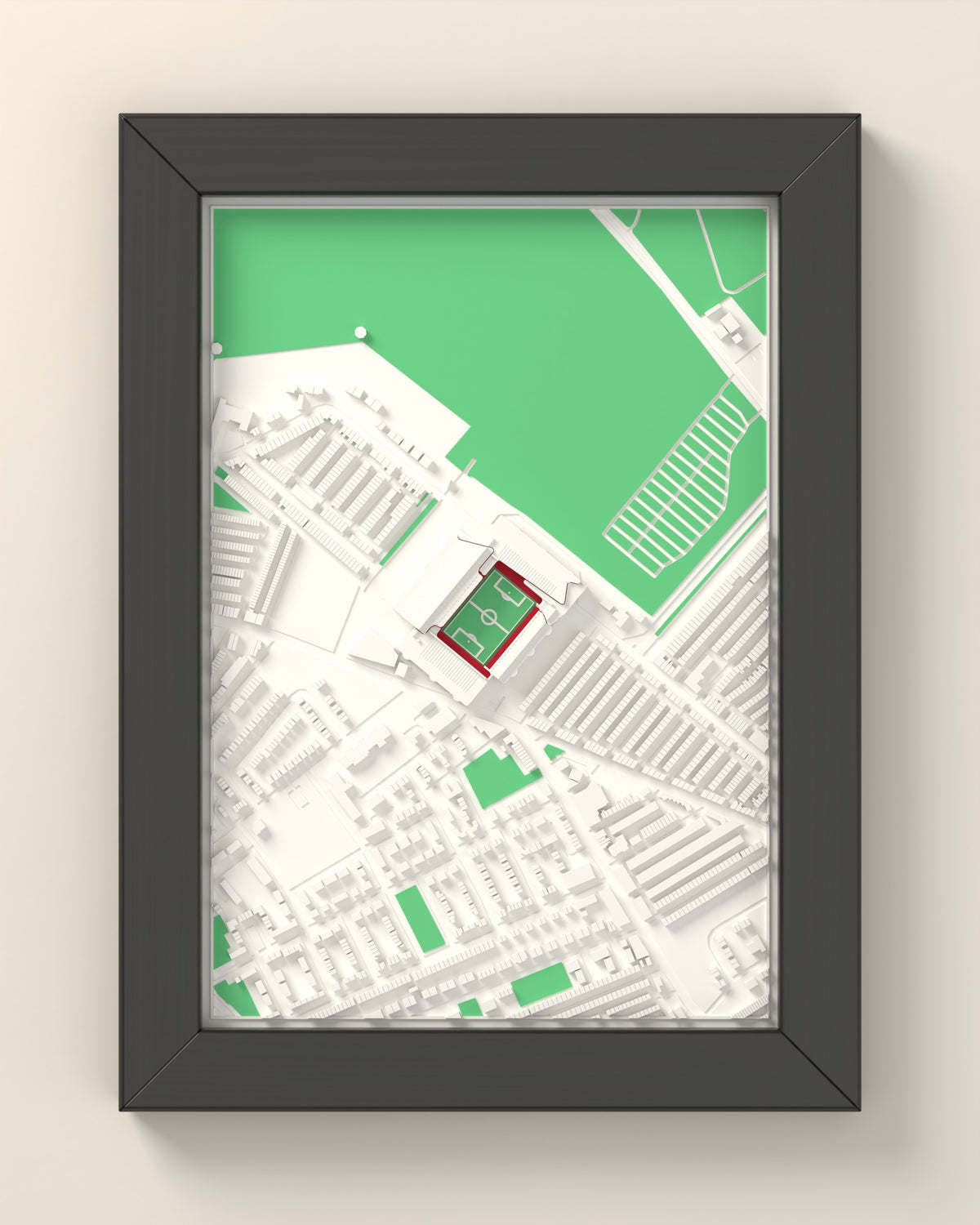 3D Anfield Map Framed - 3D printed Anfield map in a black wooden A5 frame, lit from the side