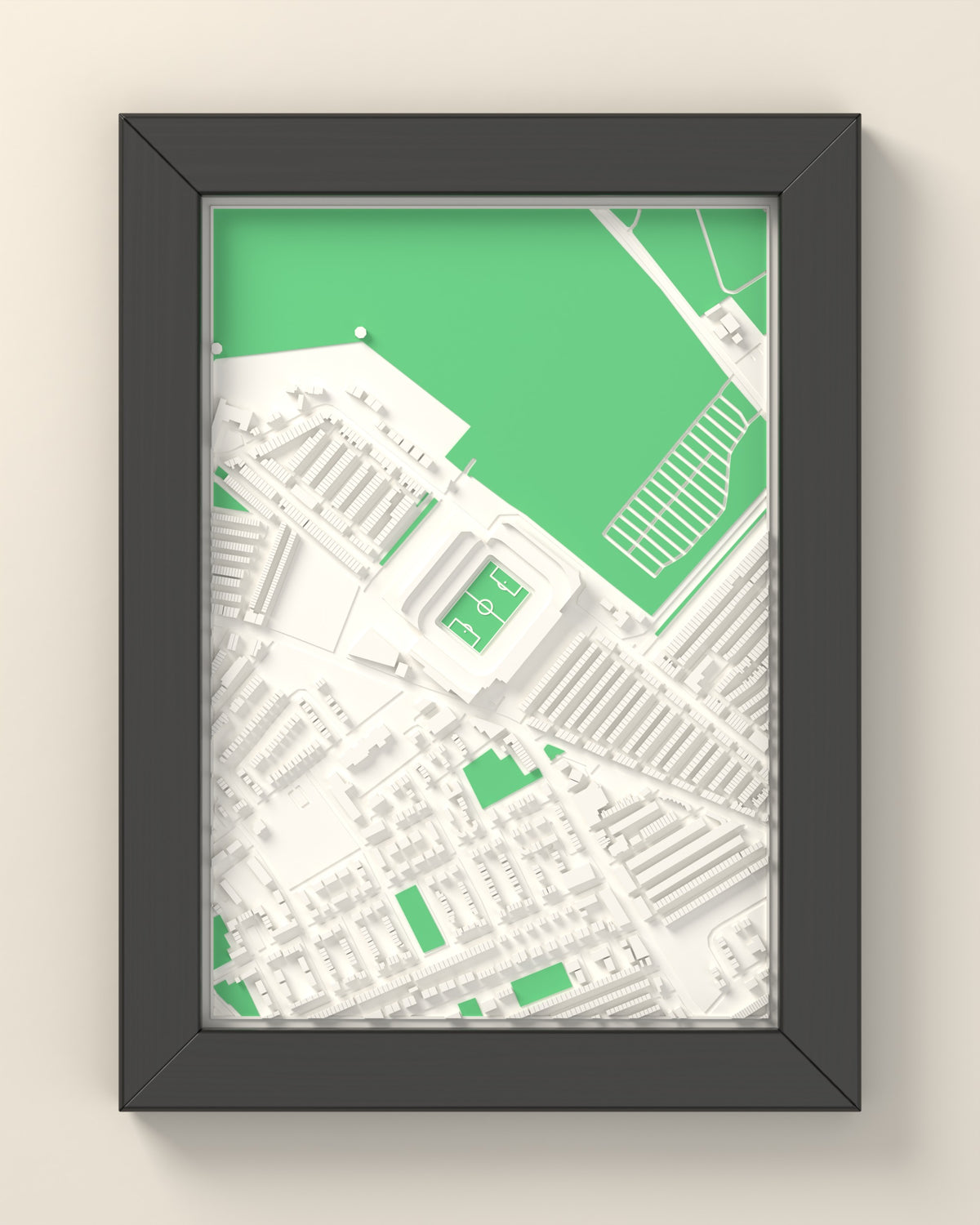 3D Anfield Map Framed - 3D printed Anfield map in a black wooden A5 frame, lit from the side