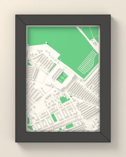 3D Anfield Map Framed - 3D printed Anfield map in a black wooden A5 frame, lit from the side