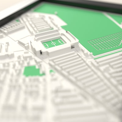 3D Anfield Map Framed - Close-up across the 3D map showing the Anfield stands and green pitch standing up from the streets