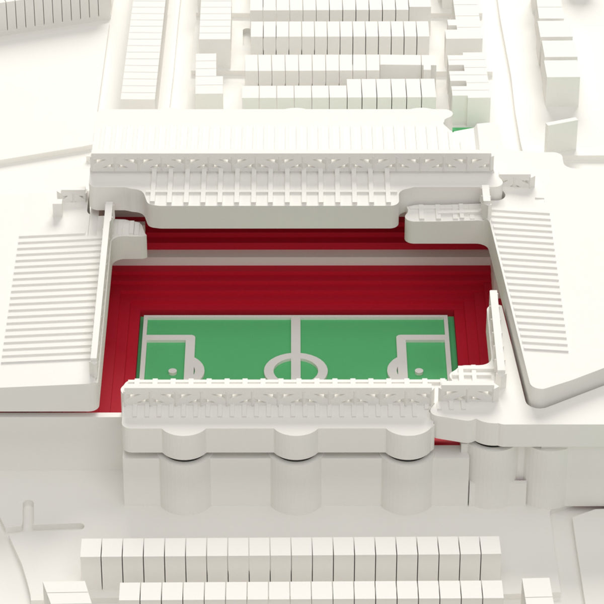 3D Anfield Map Framed - Close-up of the 3D printed Anfield: the long roof trusses on every stand, the big Main Stand and red seats