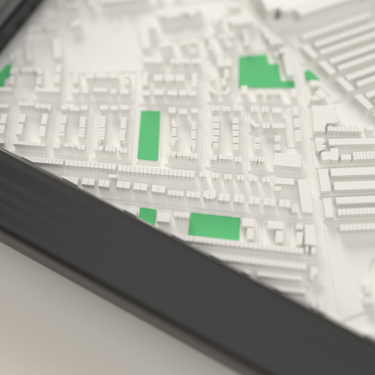 3D Anfield Map Framed - Close-up of the raised streets and buildings around Anfield on the 3D printed map