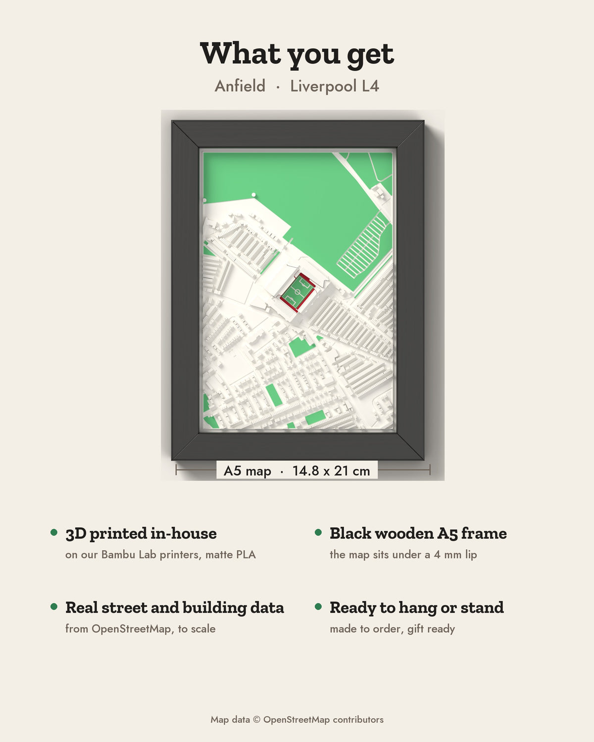 3D Anfield Map Framed - What you get: A5 3D stadium map, 14.8 x 21 cm, in a black wooden frame