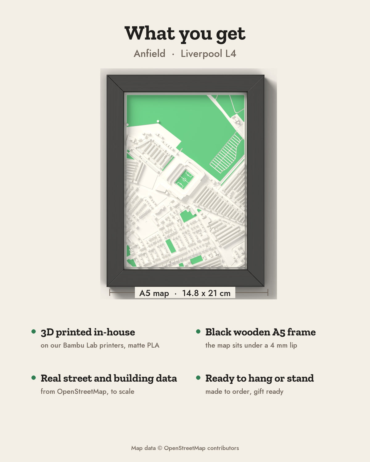 3D Anfield Map Framed - What you get: A5 3D stadium map, 14.8 x 21 cm, in a black wooden frame