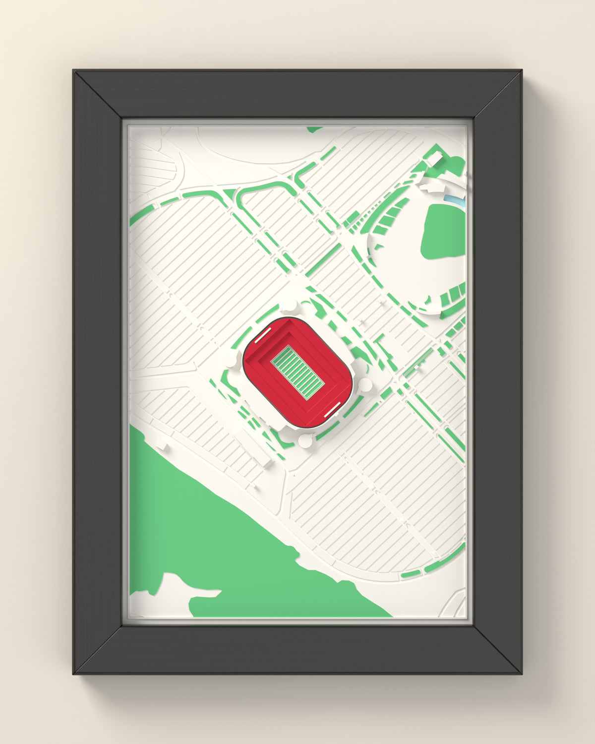 3D Arrowhead Stadium Map Framed - 3D printed Arrowhead Stadium map in a black wooden A5 frame, lit from the side