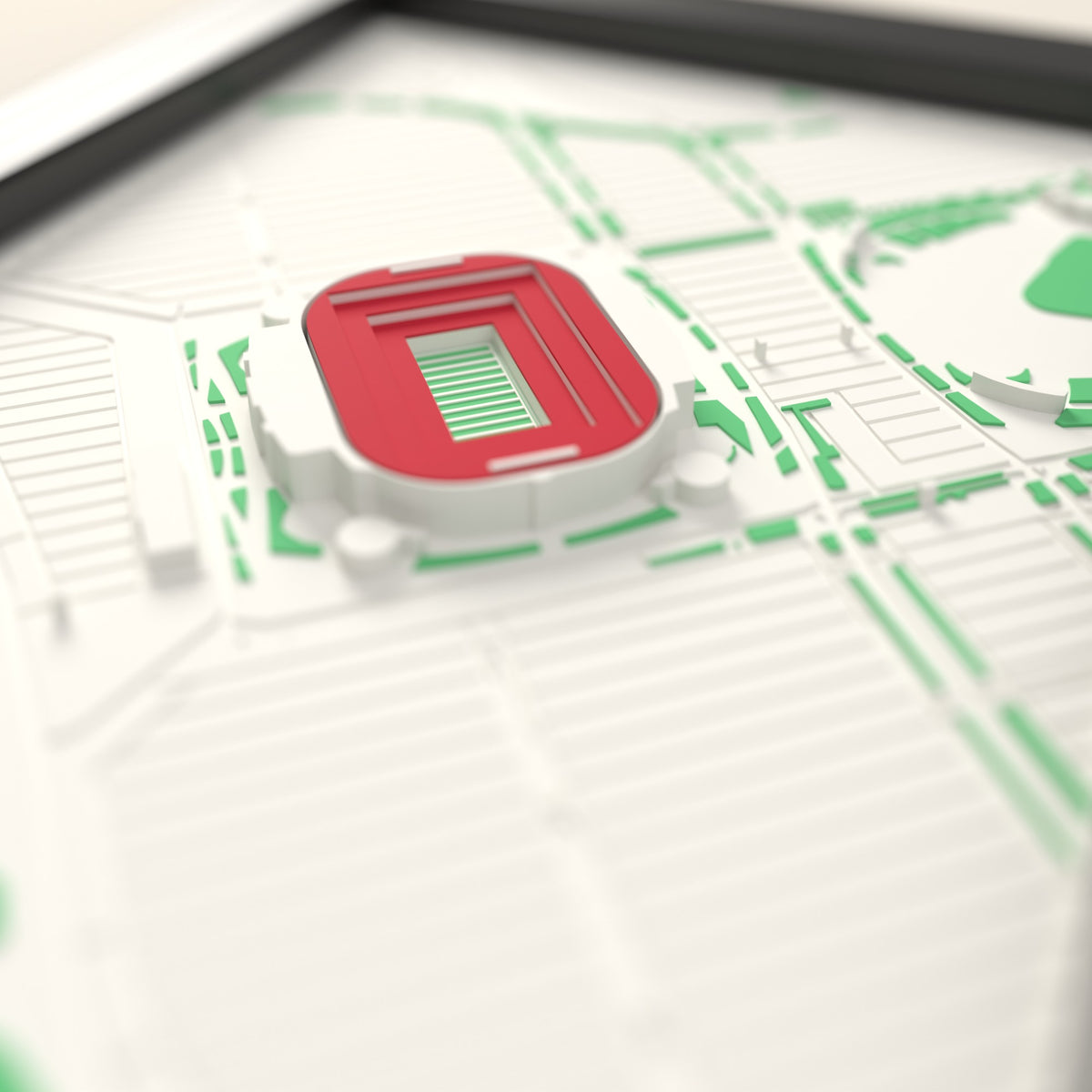 3D Arrowhead Stadium Map Framed - Close-up across the 3D map: the real Arrowhead Stadium stands with red seats around the green pitch