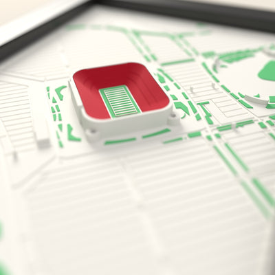3D Arrowhead Stadium Map Framed - Close-up across the 3D map: the real Arrowhead Stadium stands with red seats around the green pitch