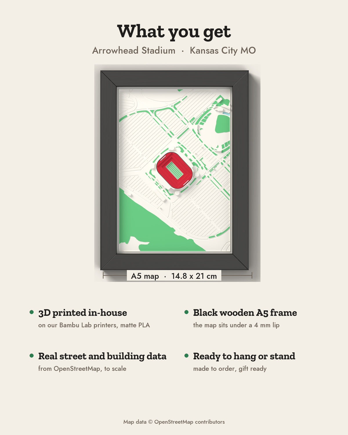 3D Arrowhead Stadium Map Framed - What you get: A5 3D stadium map, 14.8 x 21 cm, in a black wooden frame