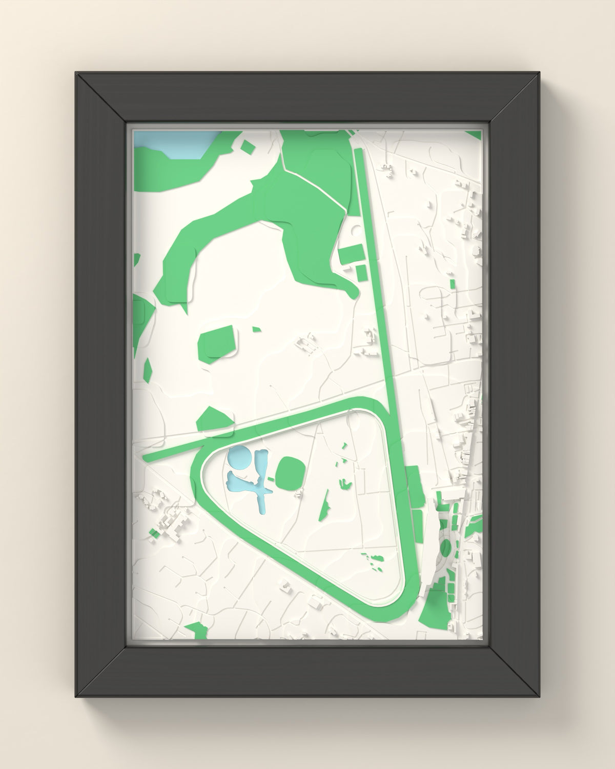 3D Ascot Racecourse Map Framed - 3D printed Ascot Racecourse map in a black wooden A5 frame, lit from the side