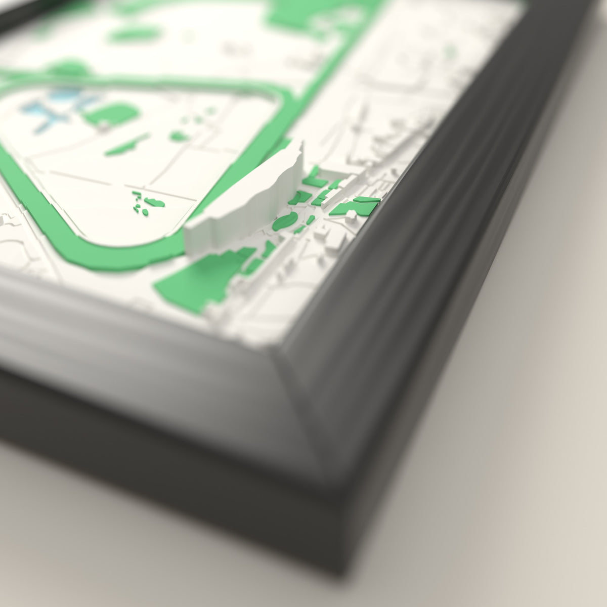 3D Ascot Racecourse Map Framed - Close-up across the 3D map: the Ascot Racecourse racing surface and grandstands standing up from the streets