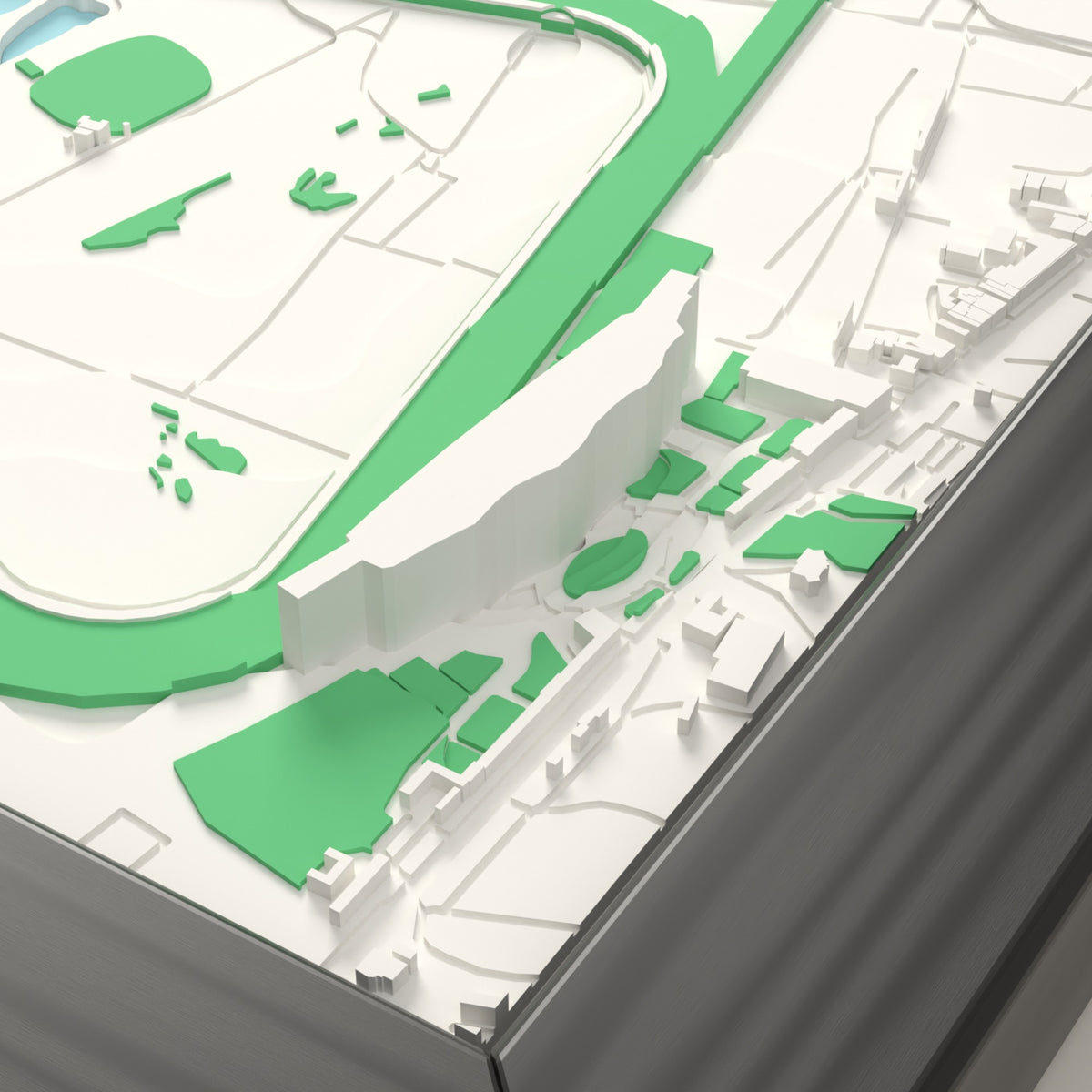 3D Ascot Racecourse Map Framed - Ascot Racecourse on the 3D printed map, seen from above the corner of the course