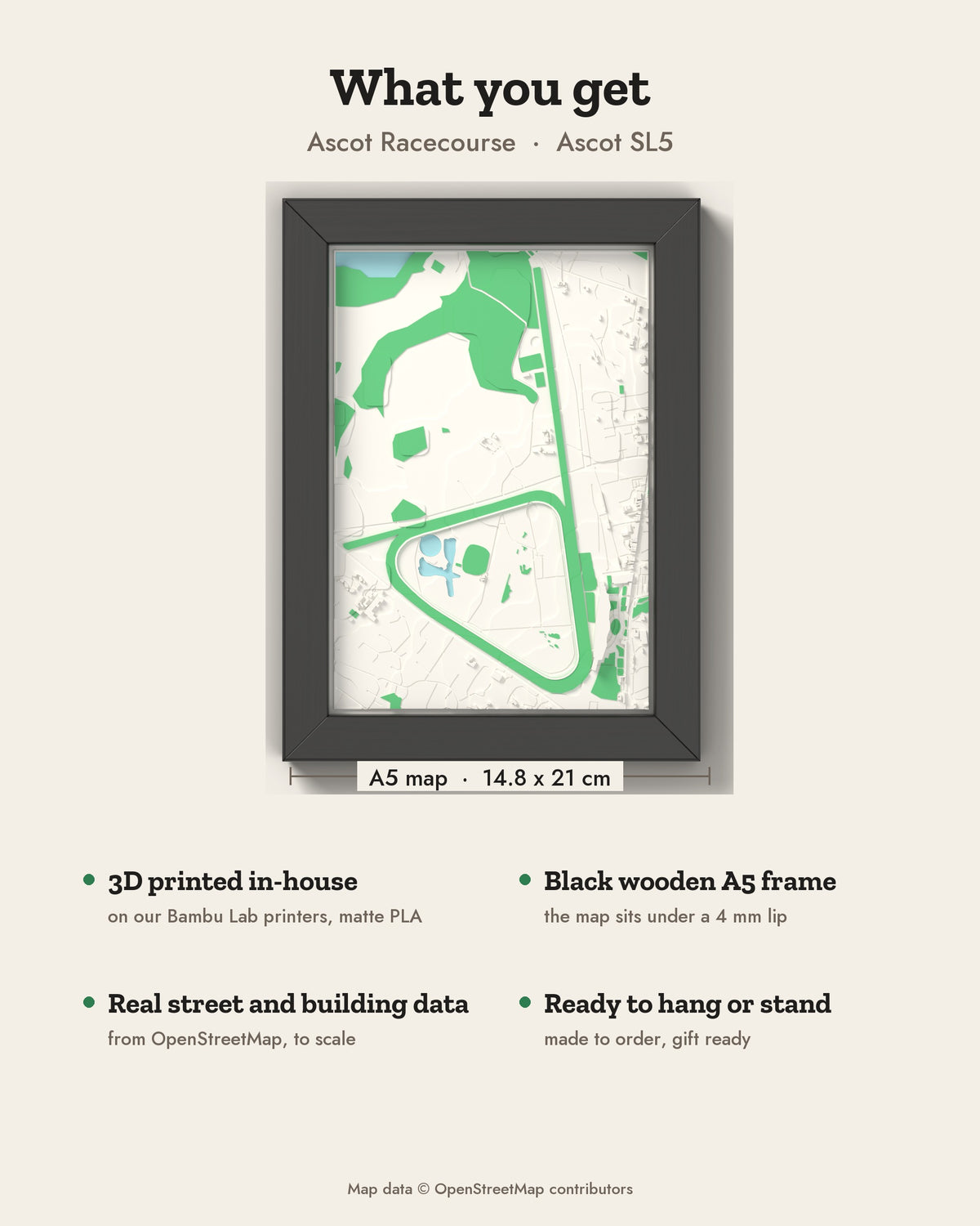 3D Ascot Racecourse Map Framed - What you get: A5 3D map, 14.8 x 21 cm, in a black wooden frame