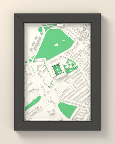 3D Ashton Gate Map Framed - 3D printed Ashton Gate map in a black wooden A5 frame, lit from the side