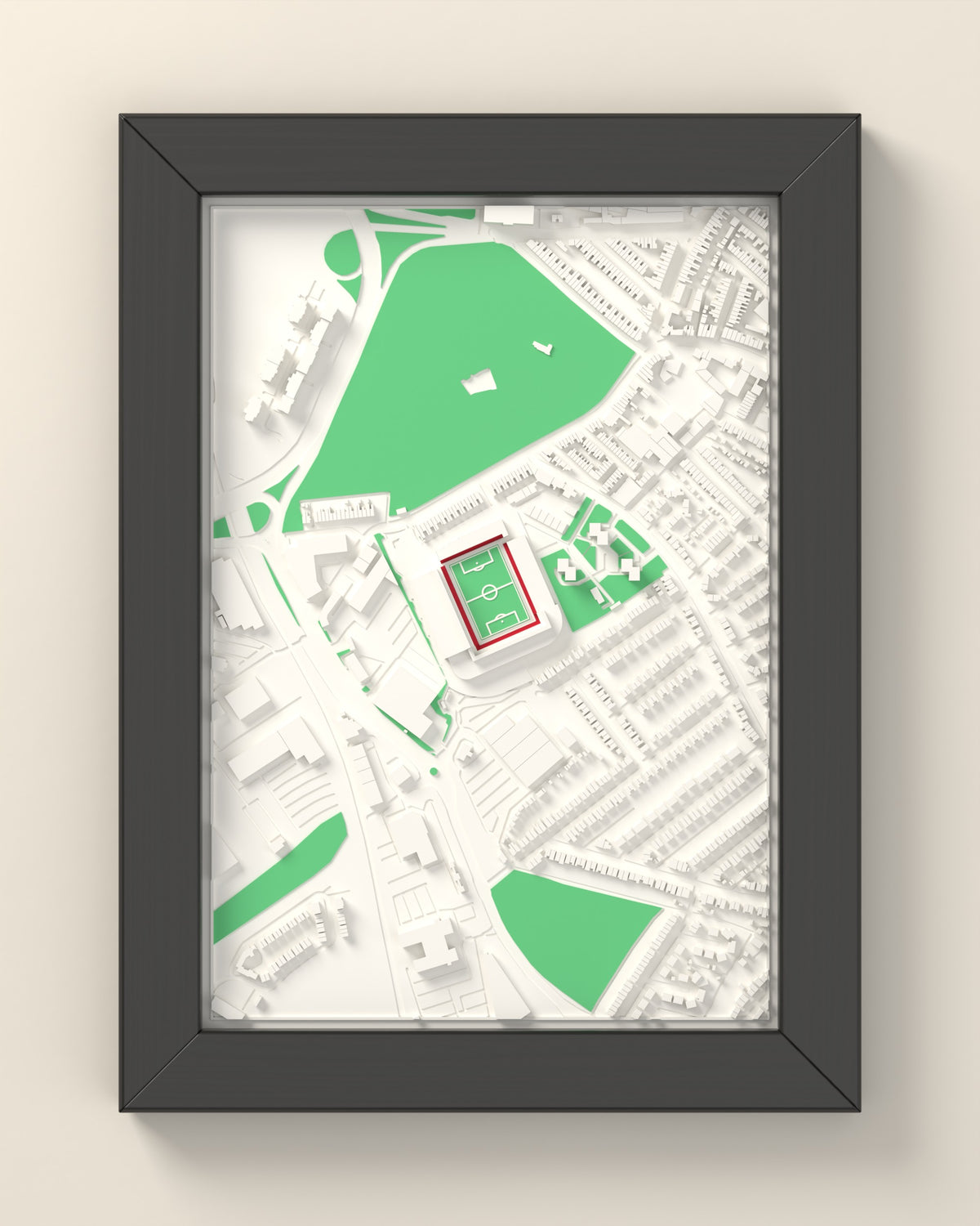 3D Ashton Gate Map Framed - 3D printed Ashton Gate map in a black wooden A5 frame, lit from the side