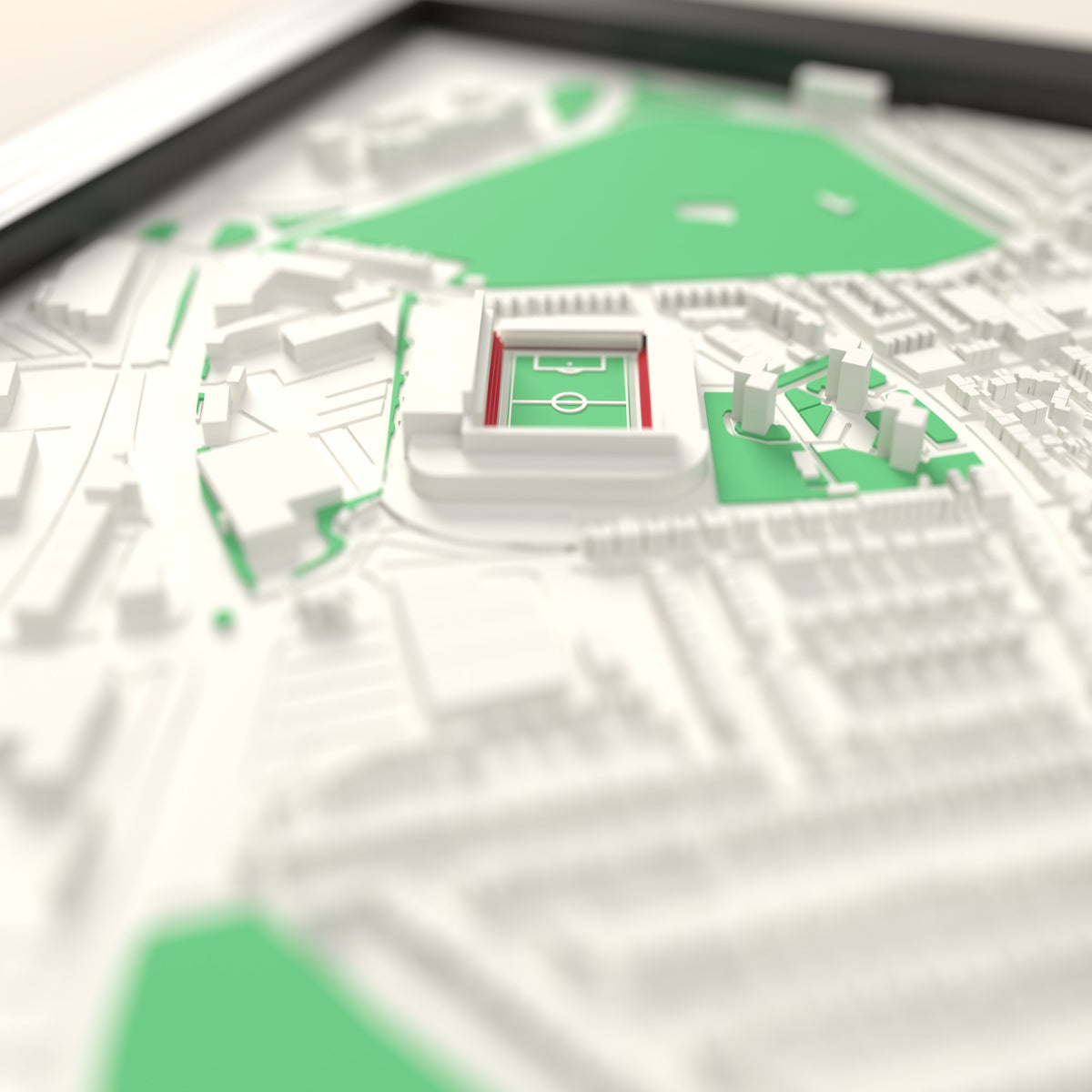 3D Ashton Gate Map Framed - Close-up across the 3D map: the real Ashton Gate stands with red seats around the green pitch