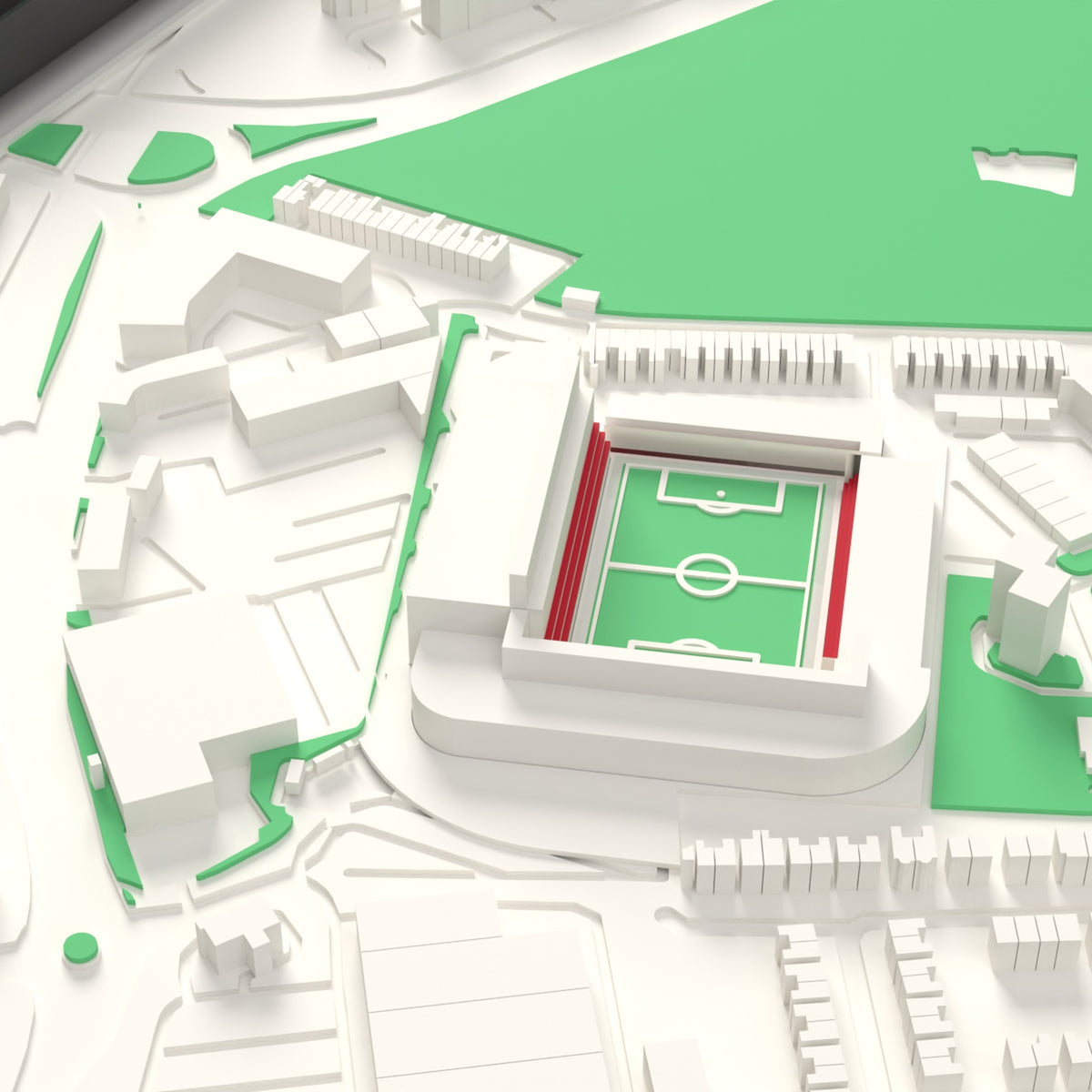 3D Ashton Gate Map Framed - Detail of the 3D printed Ashton Gate: every stand modelled from the real ground, seats in red