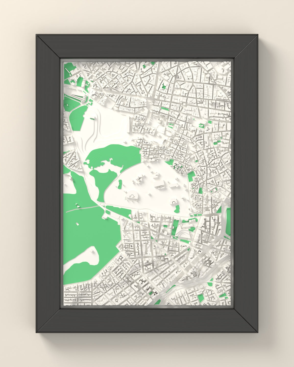 3D Athens Map Framed - 3D printed Athens map in a black wooden A5 frame, lit from the side