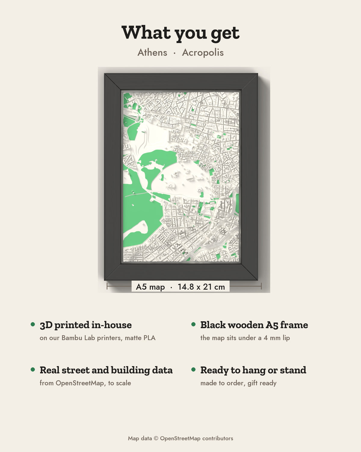 3D Athens Map Framed - What you get: A5 3D city map, 14.8 x 21 cm, in a black wooden frame