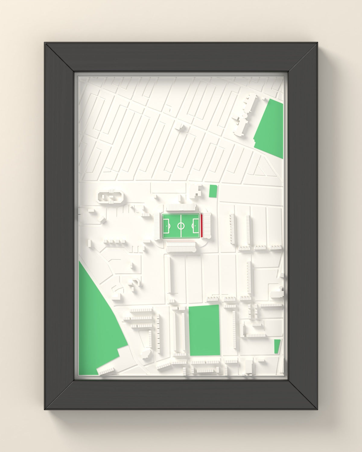 3D Ayresome Park Map Framed - 3D printed Ayresome Park lost ground map in a black wooden A5 frame, lit from the side