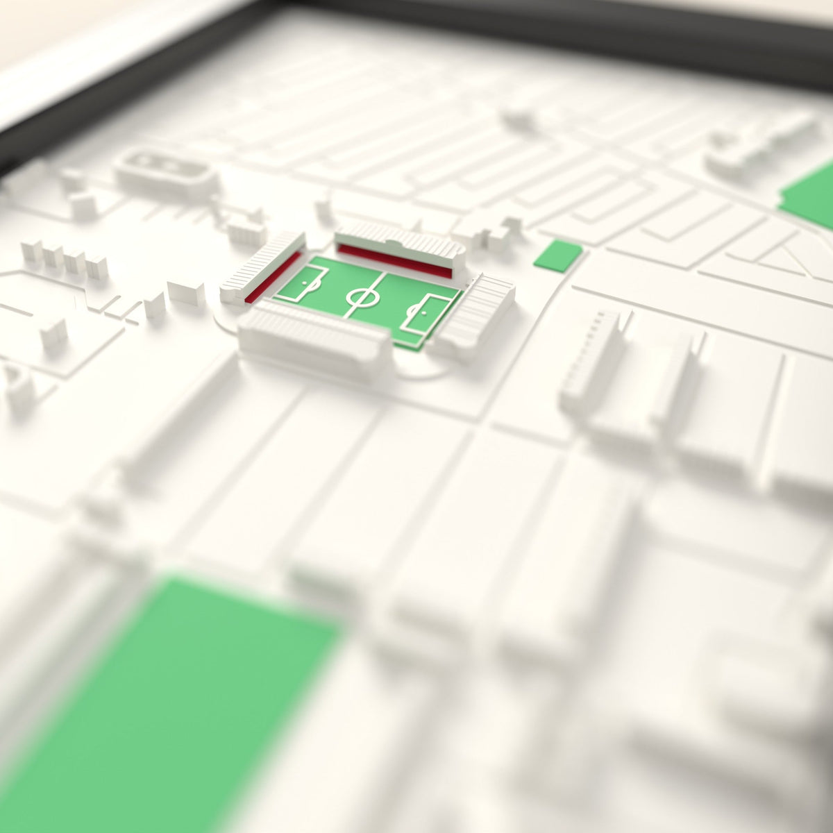 3D Ayresome Park Map Framed - Close-up across the 3D map showing the old Ayresome Park stands and green pitch standing up from the streets