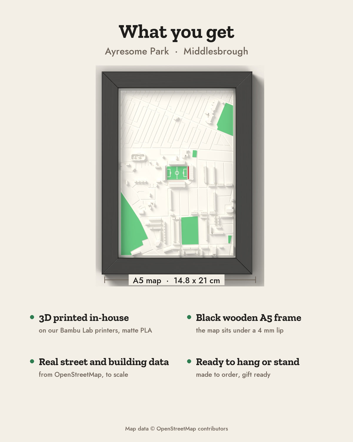 3D Ayresome Park Map Framed - What you get: A5 3D stadium map, 14.8 x 21 cm, in a black wooden frame