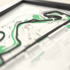 3D Barcelona-Catalunya Circuit Map Framed - Close-up across the 3D map: the Barcelona-Catalunya Circuit track standing up from the map
