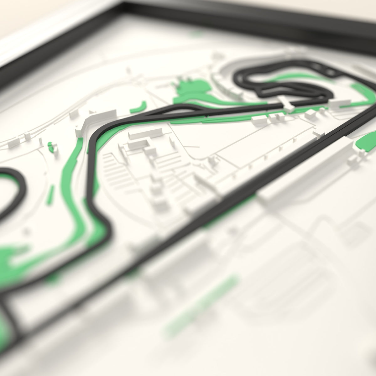 3D Barcelona-Catalunya Circuit Map Framed - Close-up across the 3D map: the Barcelona-Catalunya Circuit track standing up from the map