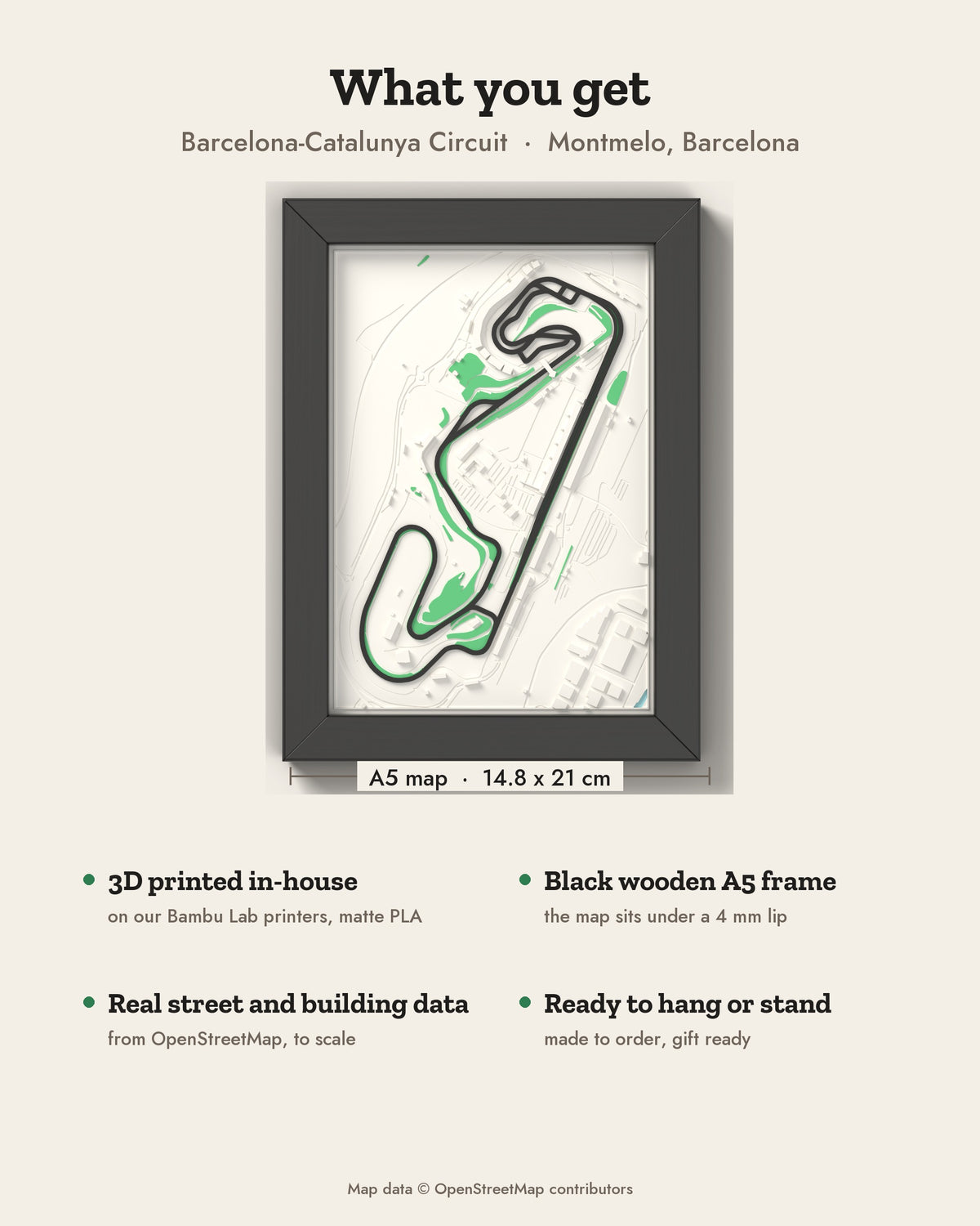 3D Barcelona-Catalunya Circuit Map Framed - What you get: A5 3D circuit map, 14.8 x 21 cm, in a black wooden frame