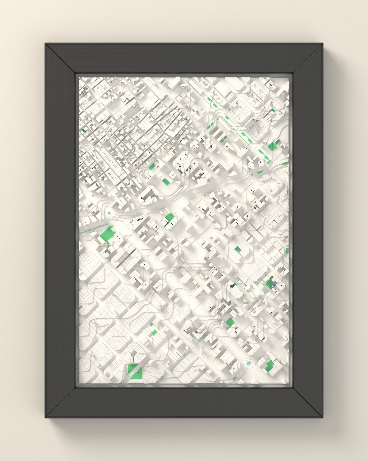 3D Barcelona Map Framed - 3D printed Barcelona map in a black wooden A5 frame, lit from the side