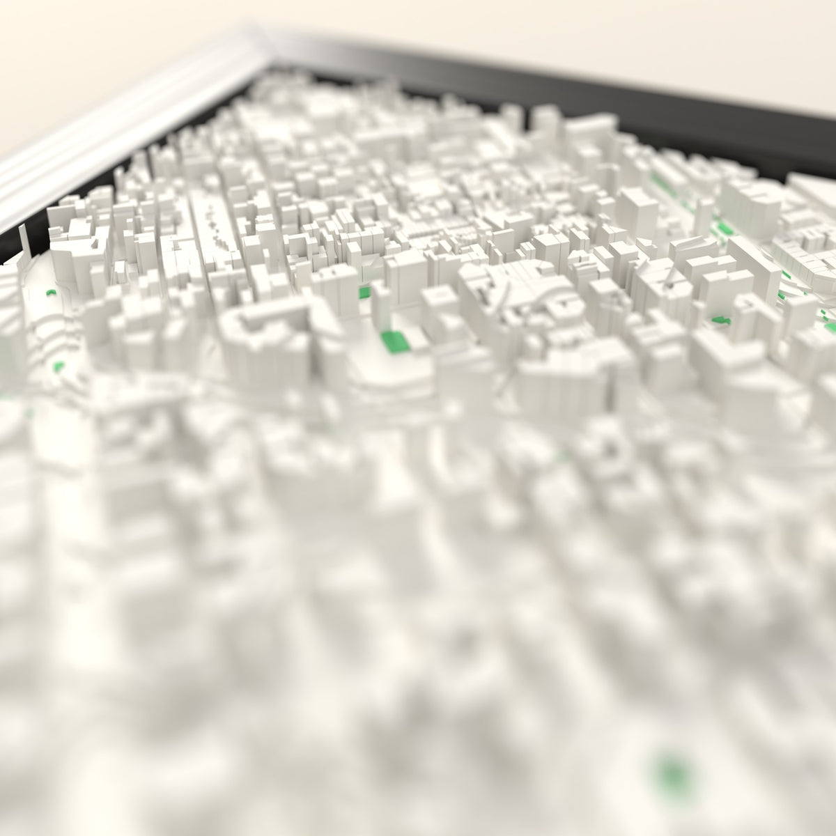 3D Barcelona Map Framed - Close-up across the 3D Barcelona map showing the raised streets and buildings