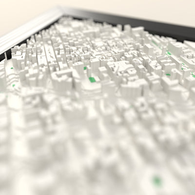 3D Barcelona Map Framed - Close-up across the 3D Barcelona map showing the raised streets and buildings