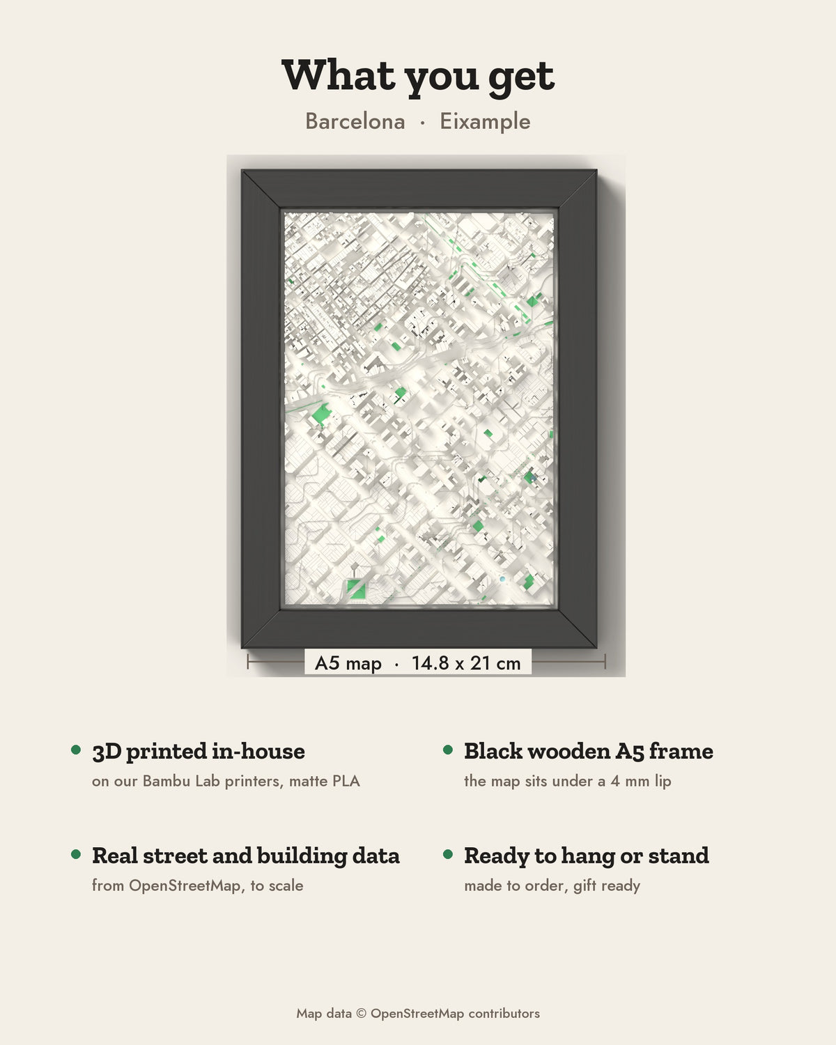 3D Barcelona Map Framed - What you get: A5 3D city map, 14.8 x 21 cm, in a black wooden frame