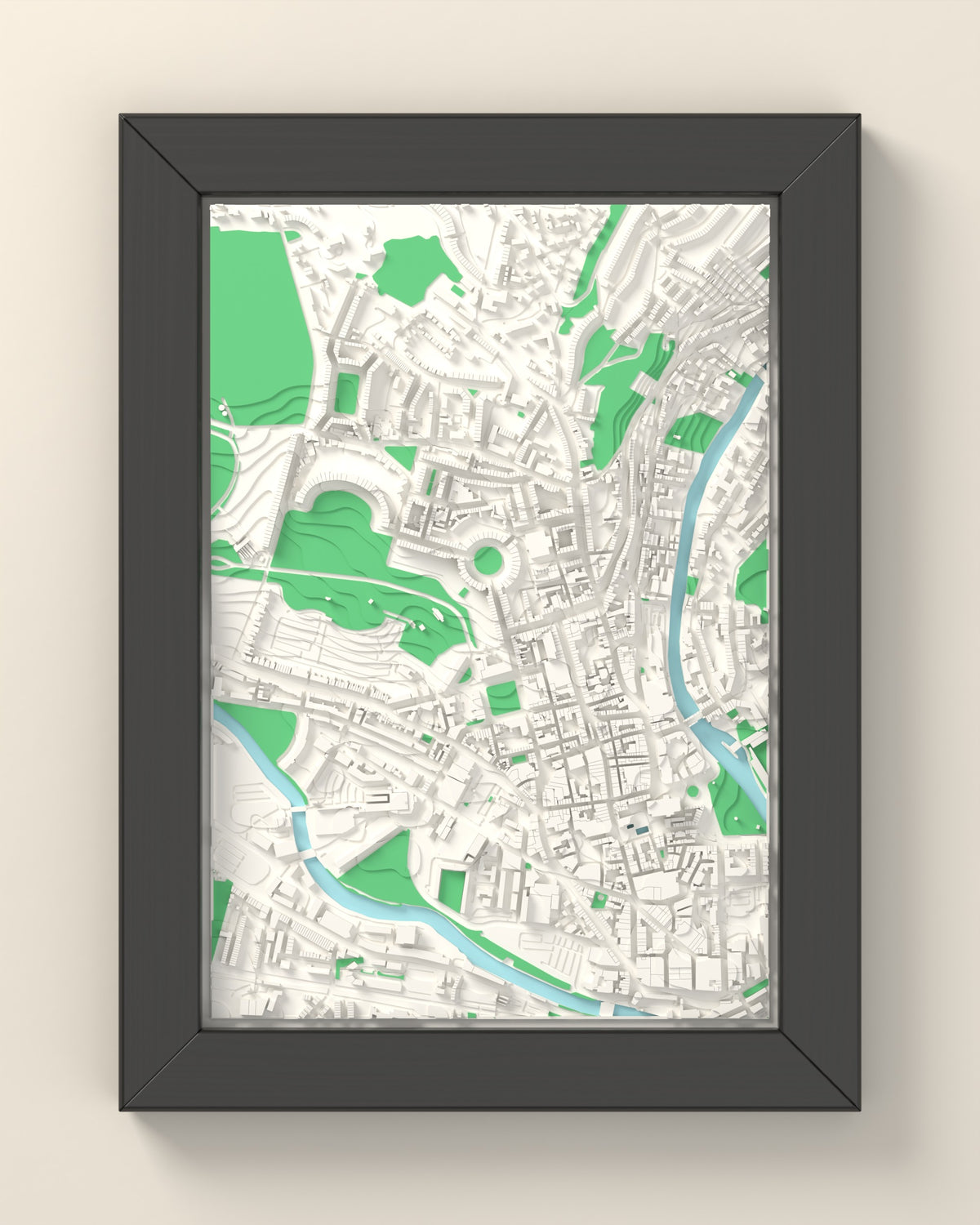 3D Bath Map Framed - 3D printed Bath map in a black wooden A5 frame, lit from the side