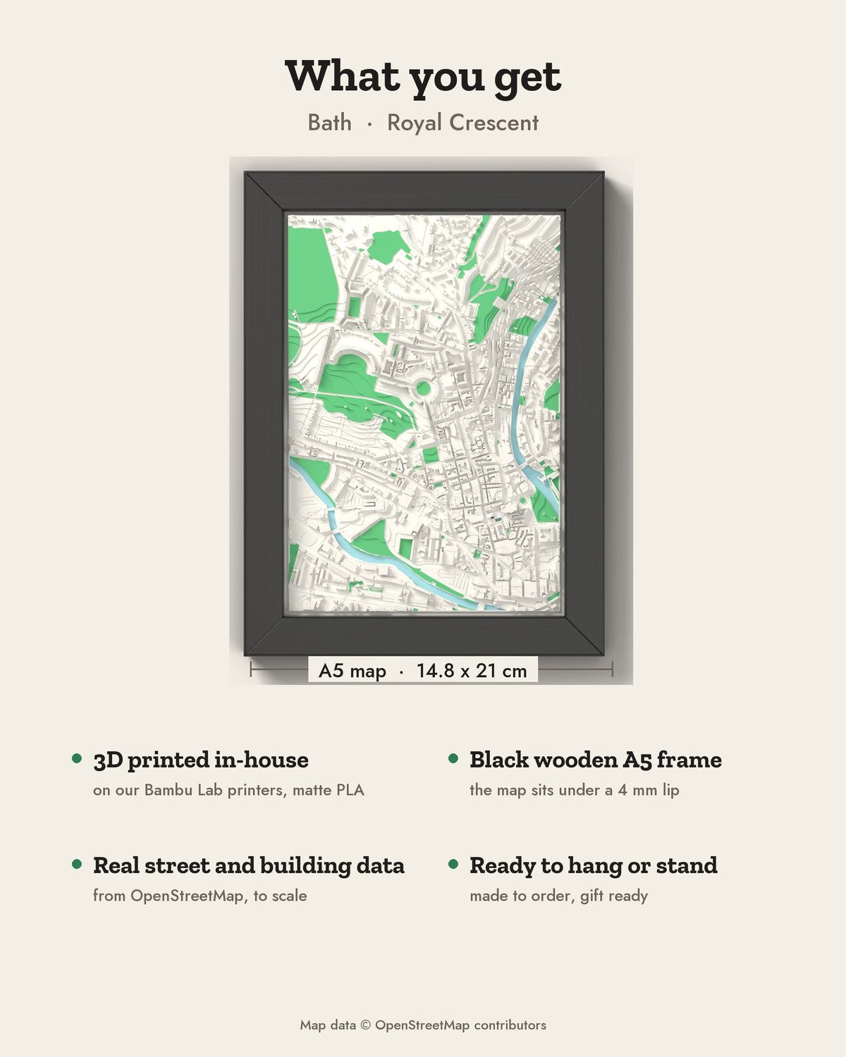 3D Bath Map Framed - What you get: A5 3D city map, 14.8 x 21 cm, in a black wooden frame
