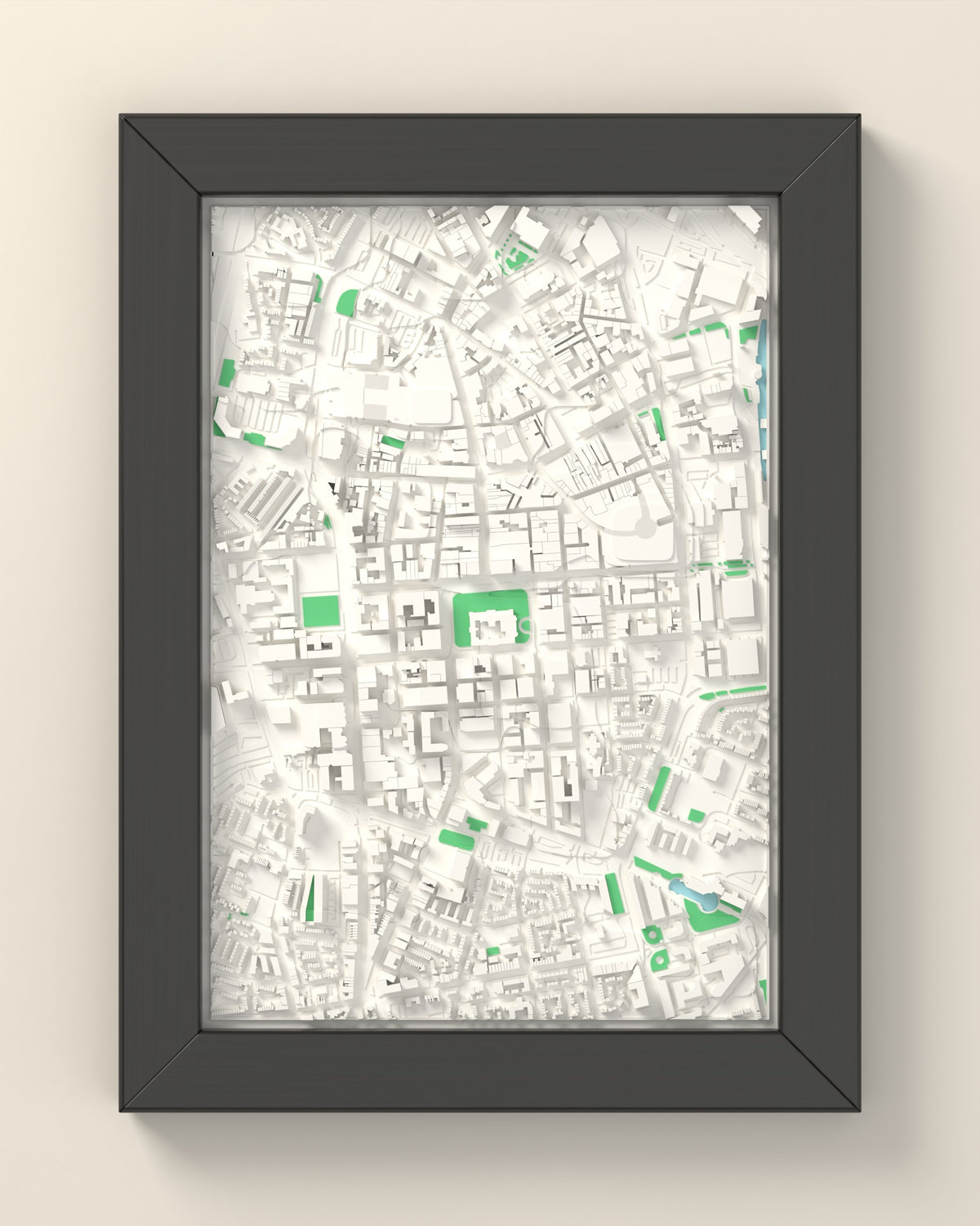 3D Belfast Map Framed - 3D printed Belfast map in a black wooden A5 frame, lit from the side